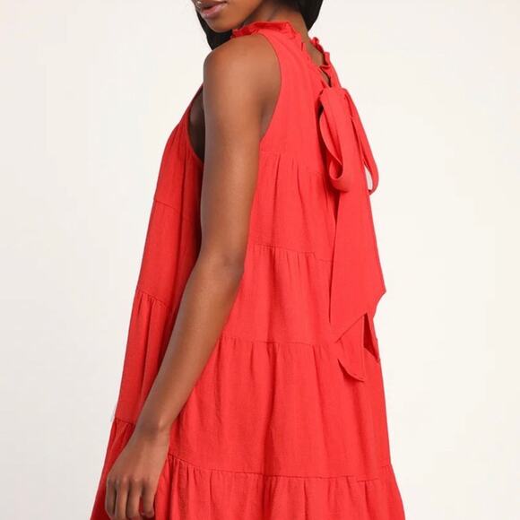 Lulus Tier for It Red Tiered Ruffled Tie-Back Mini Dress size XL - Picture 2 of 12